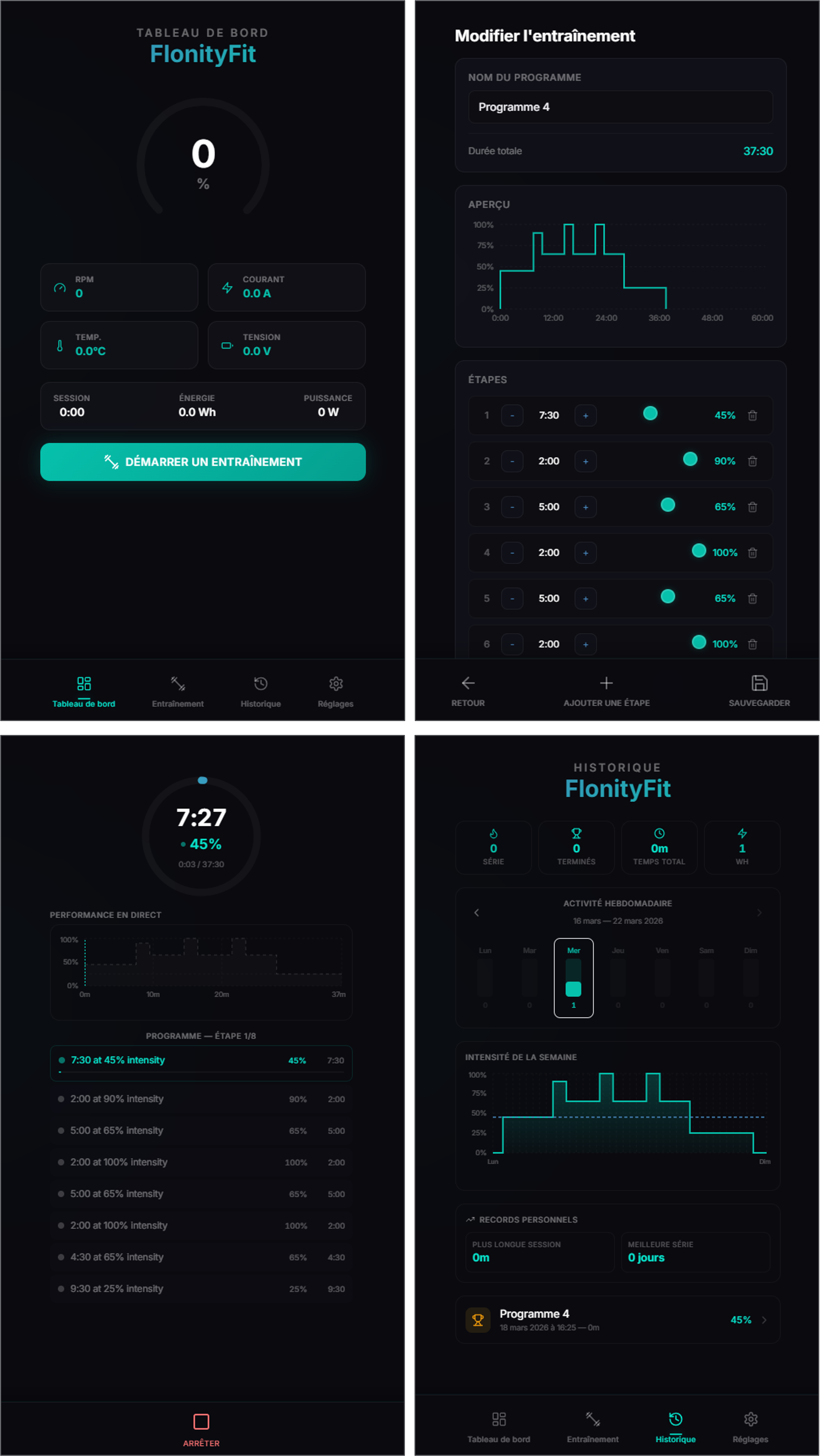 Application FlonityFit — écrans de pilotage et programmes d entraînement